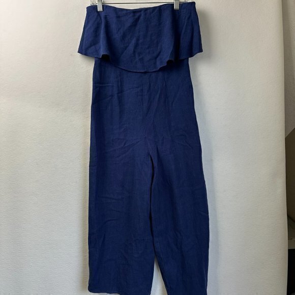 Lulus jumpsuit sz S Lana Strapless Off shoulder ruffle cropped navy blue linen - Picture 2 of 6